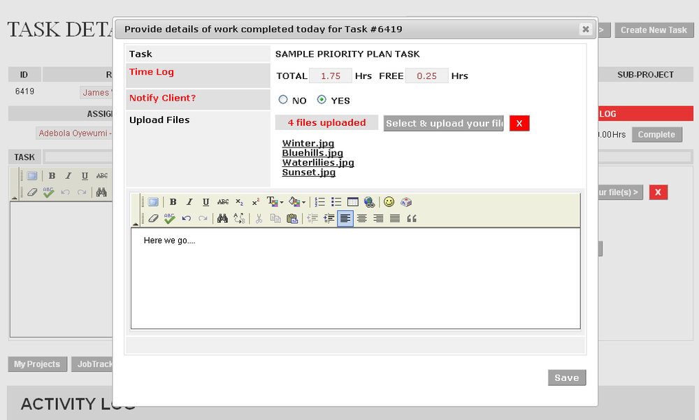 Enter work done on Task
