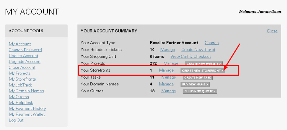 Using the Create New Storefront option on My Account page